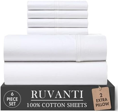 RUVANTI 100% Cotton California King Sheet Set, Percale Sheets, Bright White