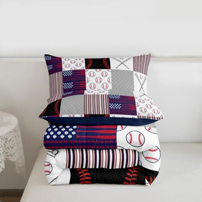 Boys Baseball Bedding Set Full Ball Games Sports Comforter Set for Kids Teens,Red Blue Abstract American Flag Bedding Comforter Set Patchwork Grey Grid USA Flag Quilt Duvet Set with 2 Pillow Cases