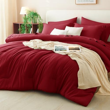 CozyLux Queen Comforter Set Dark Red, 7 Pieces Bed in a Bag