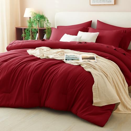 CozyLux King Size Comforter Set Dark Red, 7 Pieces Bed in a Bag