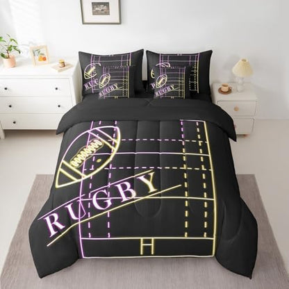 Football Full Comforter Set 7 Pieces Sport Bedding Comforter Sets for Boys Room, Rainbow Neon Light Bed in a Bag Gradient Soccer Field Bedding Set, Ball Gaming Bed Sheets Set (Black Reversible)