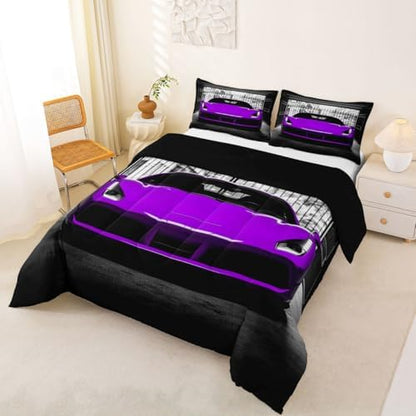 Feelyou Boys Purple Race Car Comforter Set King Size Purple Luxury Car Bedding Set for Kids Boys Girls Extreme Sports Duvet Quilt Fast and Furious Bedroom Decor 3 Pcs with 2 Pillow Cases