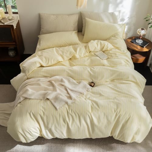 FOSSA Striped Duvet Cover Set 100% Washed Cotton Linen Feel Queen