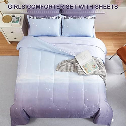 Dinjoy Girls Comforter Set Full Size Colorful Ombre Purple Rainbow Bedding Set Bed in A Bag for Kid Teen Girls 7 Pieces (1 Comforter, 1 Flat Sheet, 1 Fitted Sheet, 2 Pillow Shams, 2 Pillowcases)