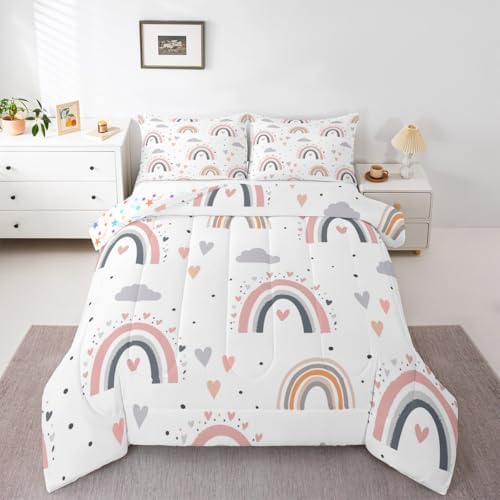 Rainbow Queen Bedding Sets For Girls, Kawaii Cloud Comforter Set 3 Pieces With 2 Pillow Cases, Pink Love Heart Down Comforter For Kids Boys Women Adult, Hand Drawn Cartoon Rainbow Duvet Insert