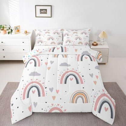 Rainbow Queen Bedding Sets For Girls, Kawaii Cloud Comforter Set 3 Pieces With 2 Pillow Cases, Pink Love Heart Down Comforter For Kids Boys Women Adult, Hand Drawn Cartoon Rainbow Duvet Insert