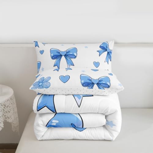 jejeloiu Bow Comforter Set Bowknot Bedding Set White Blue Kids Full Bow-tie