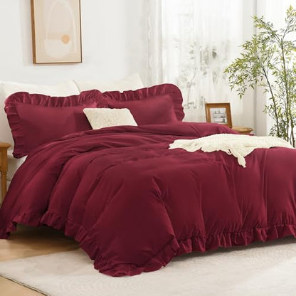 Andency Burgundy Ruffle Duvet Cover King, Shabby Chic Farmhouse Bedding Set