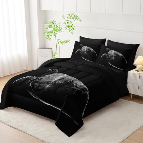 Nttopship Black Sea Turtle Comforter Set,Sea Turtle Bedding Set 7 Piece in A Bag,Beach Themed Bedroom Comforter Set King Size for Kids Teen Girls Boys Room Decor Microfiber Lightweight All Season
