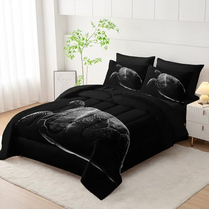 Nttopship Black Sea Turtle Comforter Set,Sea Turtle Bedding Set 7 Piece in A Bag,Beach Themed Bedroom Comforter Set King Size for Kids Teen Girls Boys Room Decor Microfiber Lightweight All Season