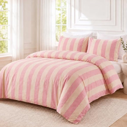 Bedbay Pink Striped Duvet Cover Set Queen Size, 100% Cotton 300TC Sateen, Pink Cream Cabana Stripe Bedding, Soft Smooth Breathable Feminine Set, 3 Pieces