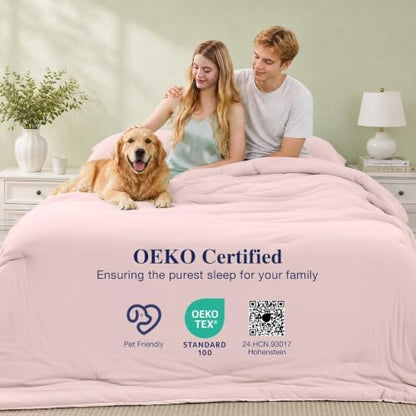 MUXHOMO Cooling Comforter Set King Size, Lightweight Summer Comforter for Hot Sleeper, Reversible Bedding with ICY Cooling Surface, Includes 1 Comforter (104"x90") and 2 Shams (20"x 36"), Light Pink