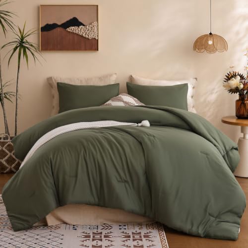 ROSGONIA Queen Comforter Set, Olive Dark Green, 3pcs Soft Bedding Quilt