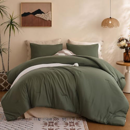 ROSGONIA Queen Comforter Set, Olive Dark Green, 3pcs Soft Bedding Quilt
