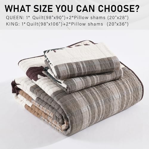 PERHOM Cabin Quilt Queen Size - 100% Cotton Lodge Cabin Queen Quilt Bedding Set, Striped Bear Tree Reversible Quilted Bedspread Lightweight Comforter Set with 2 Shams, Wood Brown/Beige, 3PCS