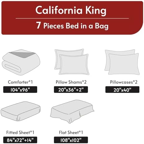 MUXHOMO 7 Pieces California King Comforter Set, Reversible Bed in a Bag Cal King Size, All Season Bedding Set with Comforter, Flat Sheet, Fitted Sheet, Pillowcases & Shams, Burgundy & Rose Gold