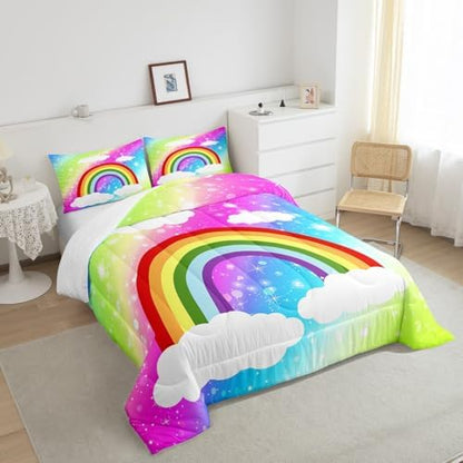Castle Fairy Rainbow Comforter for Girls Kids,Colorful Gradient Comforter Set Queen Size Home Decor,Soft Starry Sky Bedding Set,Kawaii Teens Bedroom Down Duvet,1 Comforter with 2 Pillowcases