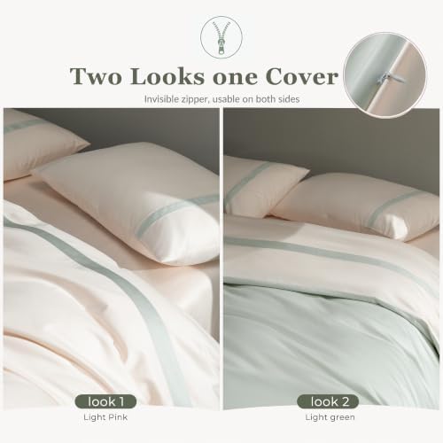 Queen Size Duvet Cover, 100% Egyptian Cotton,1600 Thread Count, Reversible Duvet Cover, Soft and Breathable Satin Bedding Set, All Seasons (Heather Sage Green, 90"x90")