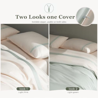 King Size Duvet Cover, 100% Egyptian Cotton,1600 Thread Count, Reversible Duvet Cover, Soft and Breathable Satin Bedding Set, All Seasons (Heather Sage Green, 104"x90")