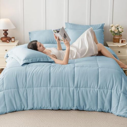 JOLLYVOGUE Queen Comforter Set, Ultra-Soft Bed in a Bag Queen Size 7 Pieces, Oeko-TEX Certified Bedding Set with Down Alternative Comforter, Sheets, Pillowcases & Shams, Lake Blue
