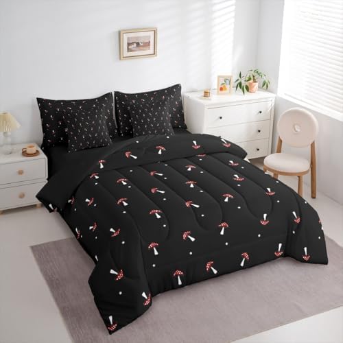 Erosebridal Cute Mushroom Full Comforter Set 7 Pieces, Kid Cartoon Kawaii Bed in A Bag, Lovely Natural Wild Plants Fungus Bedding Set with Comforters, Sheets, Pillowcases Black Red Bedroom Decor