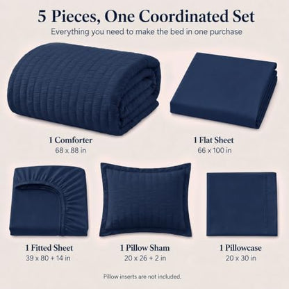 CozyLux Twin XL Comforter Set, 5 Pieces Navy Blue Seersucker Bed in a Bag