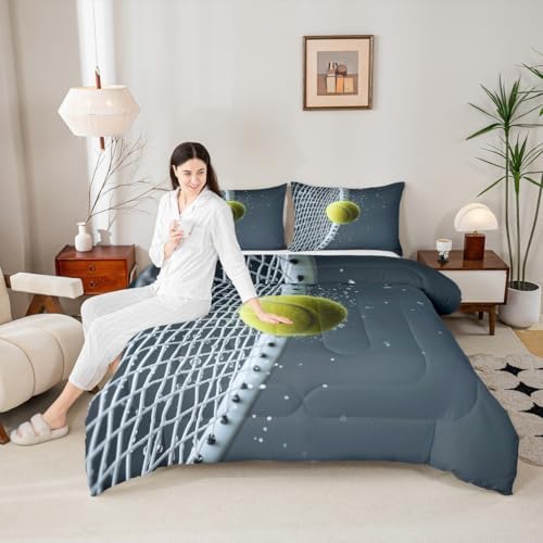 Castle Fairy 3D Tennis Comforter Set Queen Size for Kids Modern Sport Competition Bedding Sets All Season Tennis Racket Print Quilt Set Bedroom Decor Ball Games Down Comforter,3Pcs
