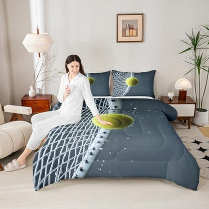 Castle Fairy 3D Tennis Comforter Set Queen Size for Kids Modern Sport Competition Bedding Sets All Season Tennis Racket Print Quilt Set Bedroom Decor Ball Games Down Comforter,3Pcs