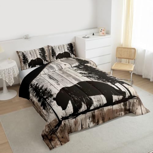 jejeloiu Bear Comforter Set All Season Rustic Cabin Country Bedding Set with 2 Pillow Cases Wild Animal Microfiber Kids King Bedclothes Bedroom Decor Duvet Quilt Breathable Soft Lightweight