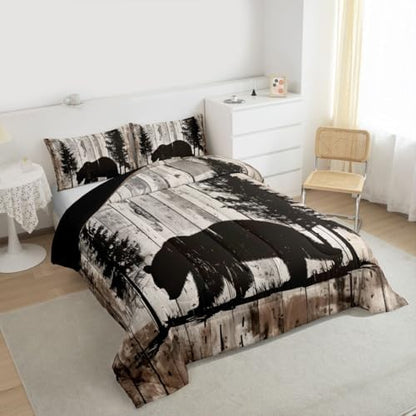 jejeloiu Bear Comforter Set All Season Rustic Cabin Country Bedding Set with 2 Pillow Cases Wild Animal Microfiber Kids King Bedclothes Bedroom Decor Duvet Quilt Breathable Soft Lightweight