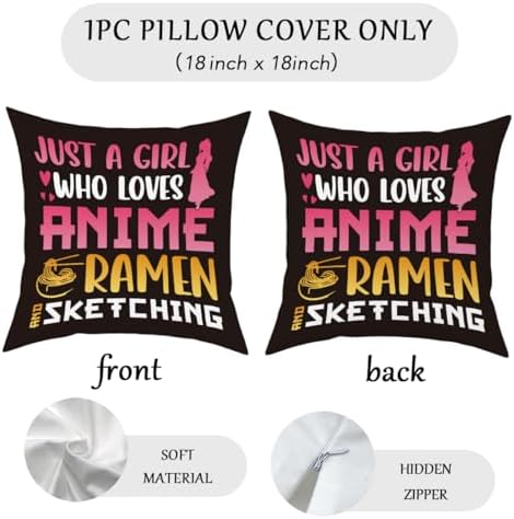 Anime Decor, Just a Girl Who Loves Anime Ramen Anime Room Decorative Throw Pillow Covers, Girls Anime Gifts Anime Lovers for Home Living Room Girl Women Bedroom Decoration Gifts Black