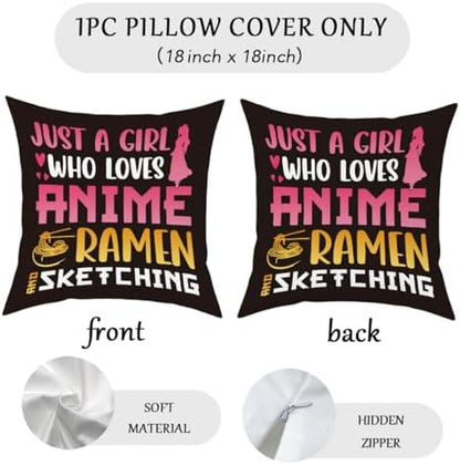 Anime Decor, Just a Girl Who Loves Anime Ramen Anime Room Decorative Throw Pillow Covers, Girls Anime Gifts Anime Lovers for Home Living Room Girl Women Bedroom Decoration Gifts Black