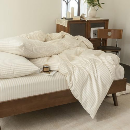 FOSSA Striped Duvet Cover Set 100% Washed Cotton Linen Feel Oversized Queen