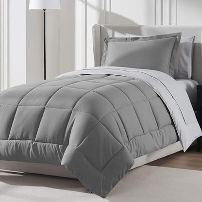 Nestl 7 Piece Twin Comforter Set – Grey Reversible Bed in a Bag – Complete Twin Size Bedding Set with Sheets, Set of 2 Down Alternative Pillows, Pillowcase and Sham