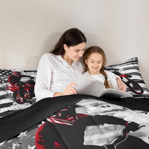 Feelyou Motocross Kids Comforter Set Twin American Flag Pattern Bedding Set Dirt Bike Duvet Quilt for Kids Boys Girls Bedroom Black and White Stripes Decor Motorbike Microfiber Soft Breathable