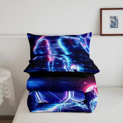 Castle Fairy Teens Soccer Player Comforter Set Queen Size,Football Bedding Set for Kids Boys Girls Bedroom Decoration,Neon Sports Soccer Bed Duvet Insert,Cool Ball Games Comforter with 2 Pillowcases