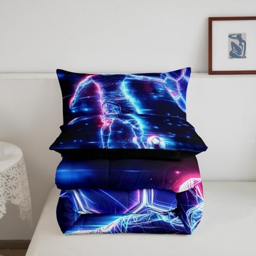 Castle Fairy Soccer Player Full Size Comforter Set,Football Bedding Set for Adults Teens,Children Neon Sports Soccer Comforter Luxury Cool Ball Games Quilt Set Room Decor 3Pcs