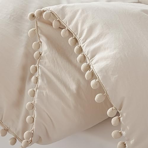 YIRDDEO King Size Comforter Set, Beige Ball Pom Fringe Bedding Set 3 Pieces