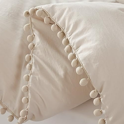 YIRDDEO Twin Comforter Set, Beige Ball Pom Fringe Bedding Set 2 Pieces