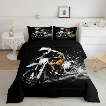 Feelyou Dirt Bike Queen Size Comforter Set for Kids Boys Girls Racing Motorcycle Racer Comforter Cover Breathable Soft Lightweight Microfiber Cool Motocross Extreme Sports Bedroom Decor Quilt Set