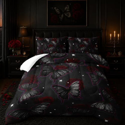 Black Butterfly Comforter Sets Twin Size, Black Butterfly Flowers 3D Animal Pattern Kids Bedding Sets for Girls Teens 3 Piece Bedroom Decor Comforter with 2 Pillowcases