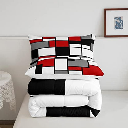 Gray Black Red White Square Comforter Set Twin for Boys Kids Geometric Grid Room Decor Retro Pattern Comforter Teens Bedroom Modern Abstract Bedding Set 1 Comforter with 1 Pillow Case,Lightweight Soft