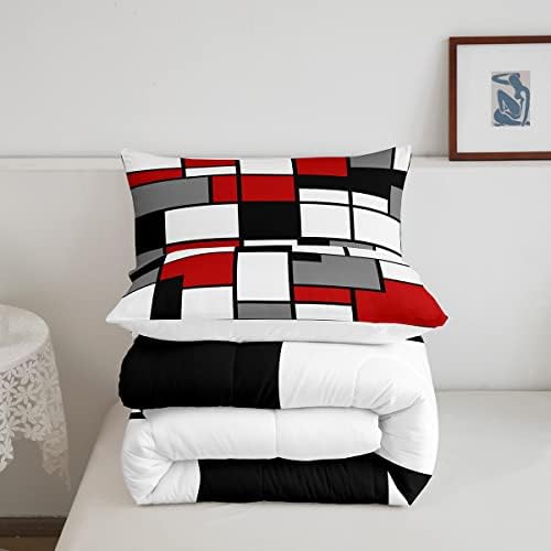 Gray Black Red White Square Comforter Set Queen Boys Teens Geometric Grid Room Decor Fashion Color Bedding Set,Soft Lightweight Modern Abstract Duvet,Youth Young Man Quilt,1 Comforter + 2 Pillowcase