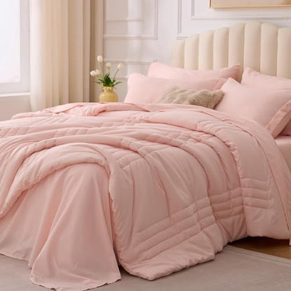 King Size Comforter Set Pink, 7 Pieces Bed in a Bag Bedding Set