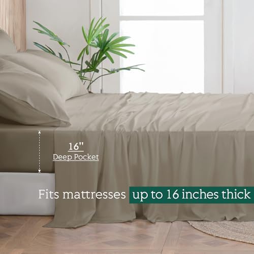 Cooling Sheets Set Twin Size, Viscose Derived from Bamboo for Hot Sleepers | Deep Pocket Up to 15 Inch | Silky Soft & Breathable Bedding - 3PC (Twin, Simply Taupe)