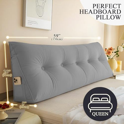 DANGHOOGY Headboard Pillow Queen, Large Triangular Wedge Headboard Pillow for Reading and Resting, Backrest Positioning Support Pillow with Removable Cover (Grey)