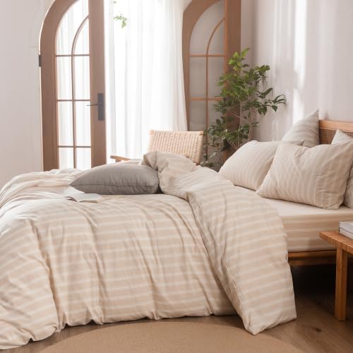 BESTOUCH Striped Cotton Duvet Cover Set Linen Feel Queen