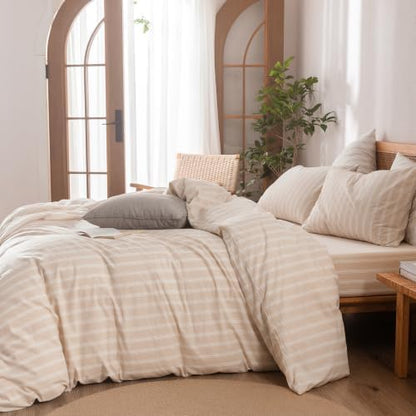 BESTOUCH Striped Cotton Duvet Cover Set Linen Feel Queen