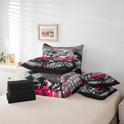 Castle Fairy Racing 7 Pieces Bedding Set King Bed in a Bag,Car Sport Comforter Set with Comforter,Flat,Fitted Sheet,Pillowcases,Pillow Covers,Abstract Geometric Checker Soft Warm Microfiber Bedding