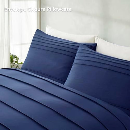 Oli Anderson 3PCS Pleated Duvet Cover Set, Navy Blue, King